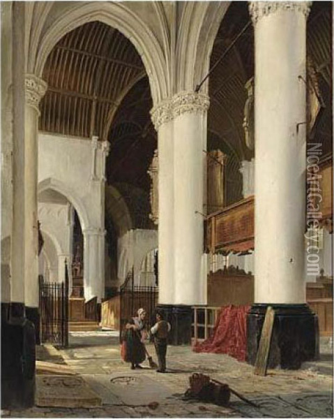 Townsfolk In A Sunlit Church Oil Painting - Bartholomeus J. Van Hove