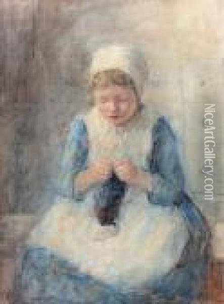 A Girl Knitting Oil Painting - Robert Gemmell Hutchison