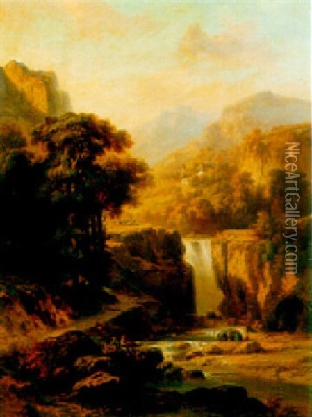 Hameau De Montagne, Cascades, Bergers Et Pecheurs Oil Painting - Horace-Antoine Fonville