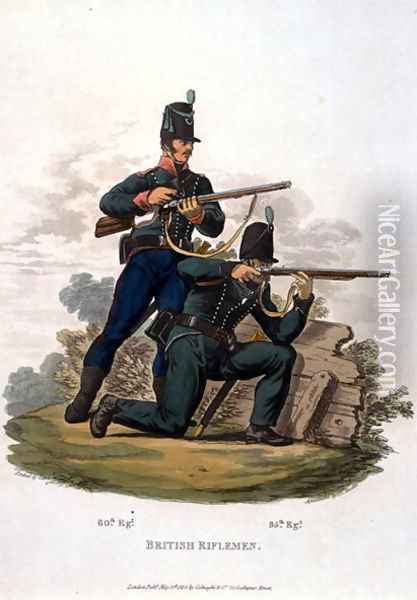 British Riflemen, from Costumes of the Army of the British Empire, according to the last regulations 1812, engraved by J.C. Stadler, published by Colnaghi and Co. 1812-15 Oil Painting - Charles Hamilton Smith