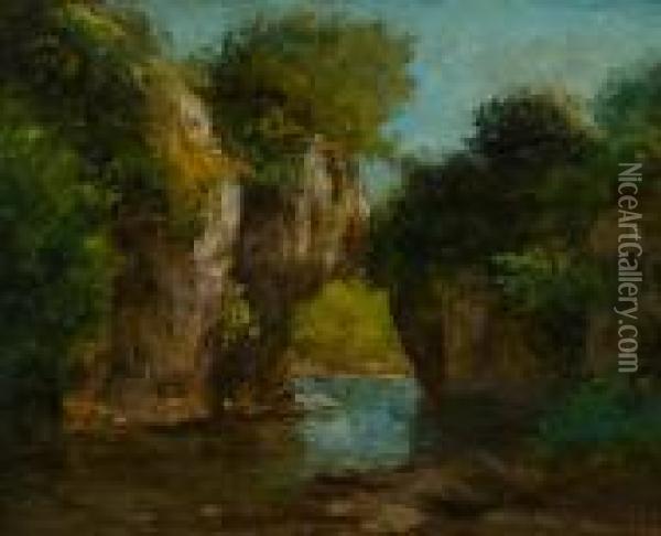 River Landscape With Rocks. Oil Painting - Gustave Courbet
