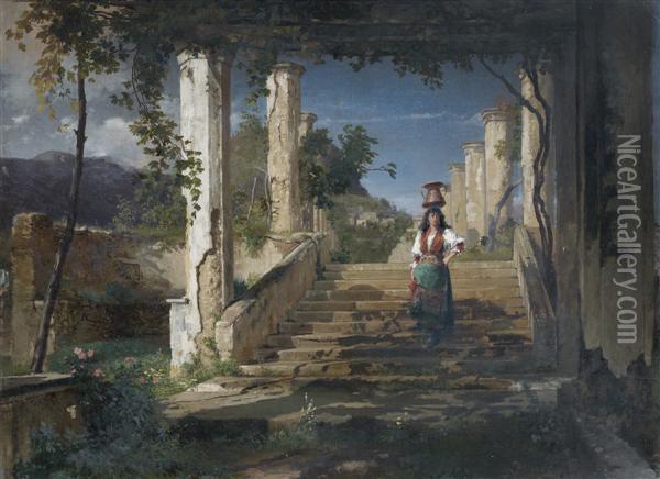 Paysanne Napolitaine Descendant L'escalier D'une Pergola Oil Painting - Giuseppe Castiglione