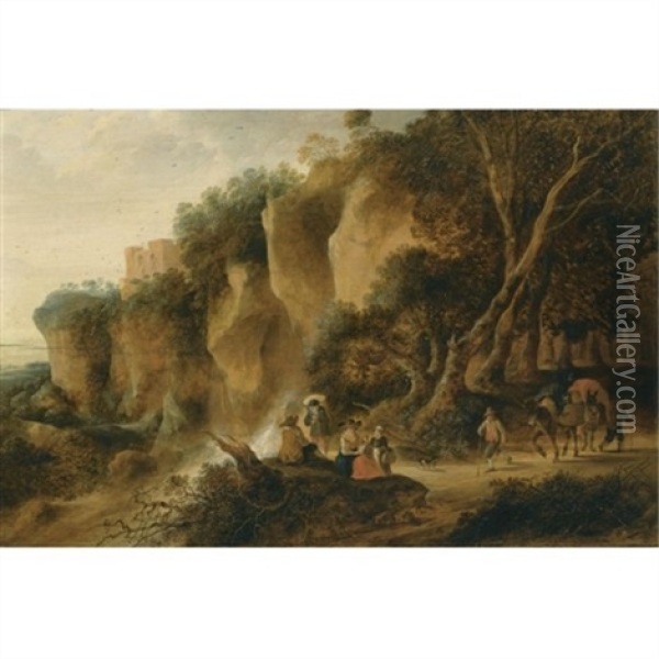 A Rocky Wooded Landscape With Travellers And Their Donkeys On A Path Oil Painting - Gysbert Gillisz de Hondecoeter