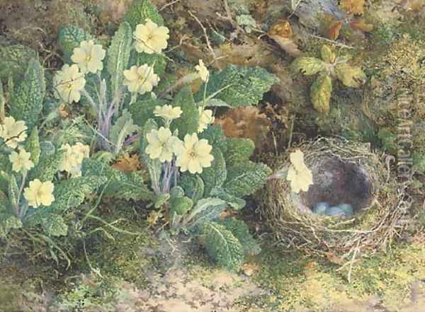 Primulas and a bird's nest on a mossy bank Oil Painting - William Henry Hunt