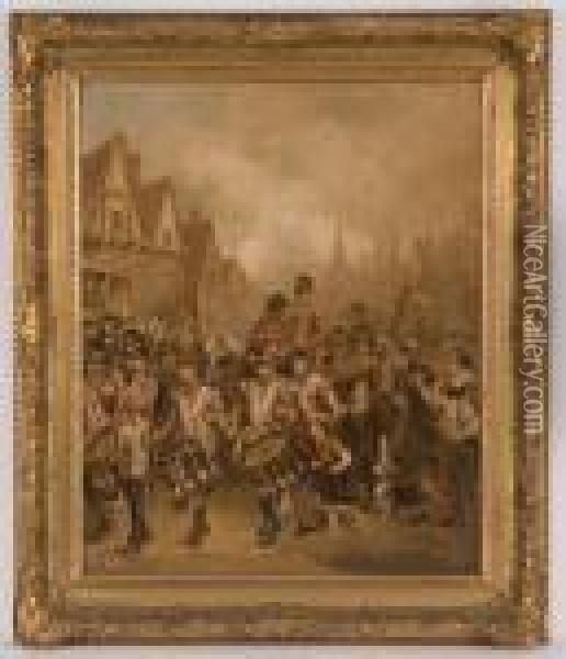 Depicting A Military March Through Town Oil Painting - Robert Alexander Hillingford