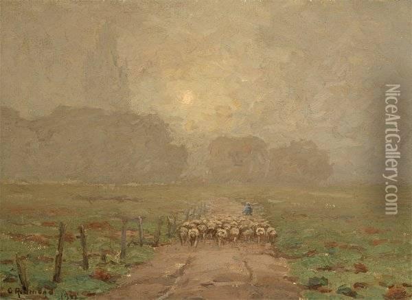 Shepherd Herding Sheep In Misty Landscape Oil Painting - Granville Redmond