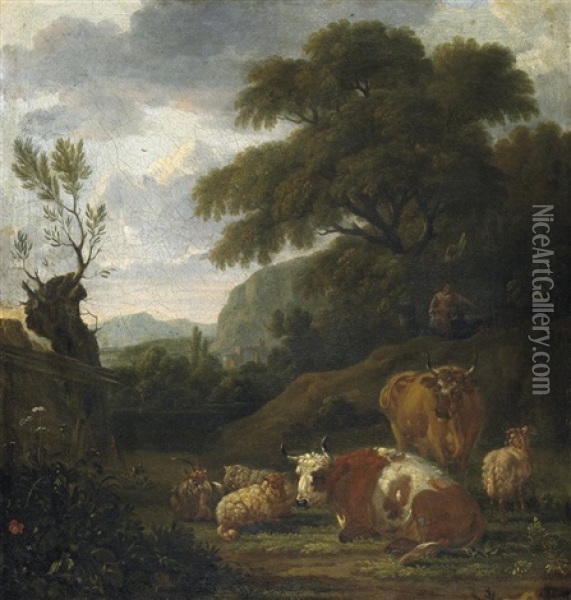 Italienische Landschaft Mit Lagerndem Vieh Und Hirten Oil Painting - Simon van der Does