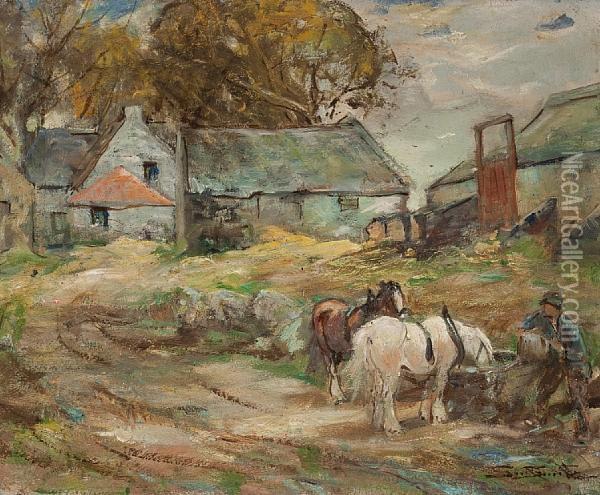 Working Horses Watering At Farmyardtrough Oil Painting - George Smith