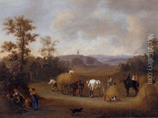 A Haymaking Scene With Figures In An Extensive Landscape Oil Painting - James Ross