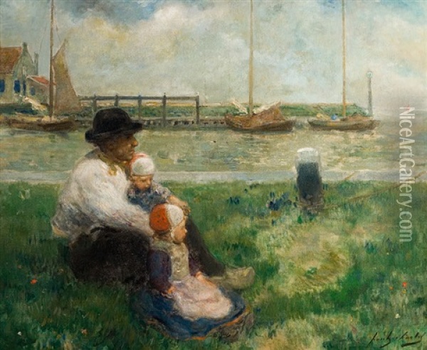 Homme Et Enfant Au Bord De L'eau Oil Painting - Frantz Charlet