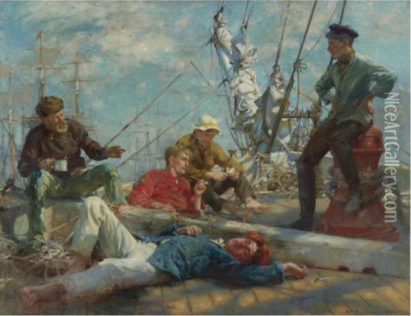 Sailor's Yarning, Midday Rest Oil Painting - Henry Scott Tuke