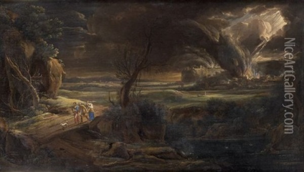 Loth Et Ses Filles Fuyant L'incendie De Sodome Et Gomorrhe Oil Painting - Pieter Mulier the Younger