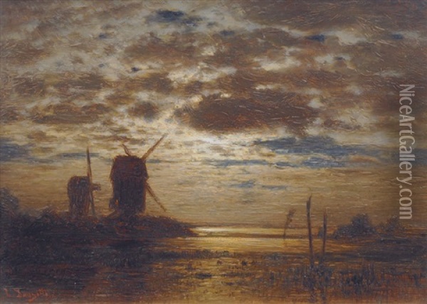 Mills In The Moonlight Oil Painting - Louis Douzette