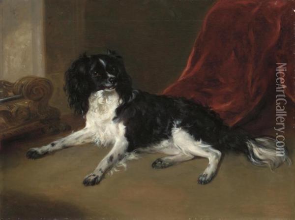 A King Charles Spaniel By A Fireplace, A Red Curtain Beyond Oil Painting - Ramsay Richard Reinagle