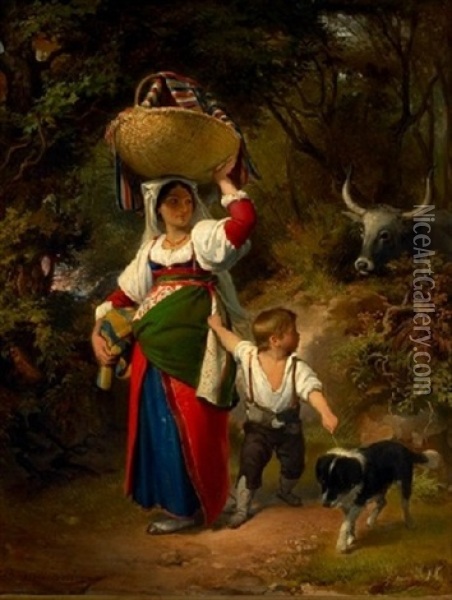 Italienerinde Med Dreng Og Hund I Landskab, I Baggrunden Okse Oil Painting - Augusto Bompiani