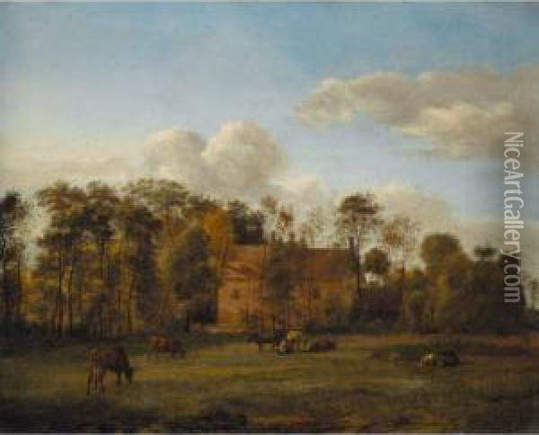 Landscape With Cattle Grazing In
 An Open Field Before A Manor House A Milkmaid 
At Work Oil Painting - Jan Van Der Heyden