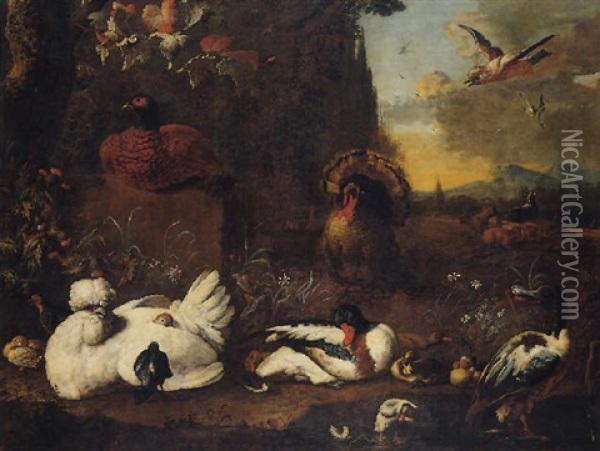 An Extensive Landscape With Various Fowl In A Parkland Setting Oil Painting - Adriaen van Oolen
