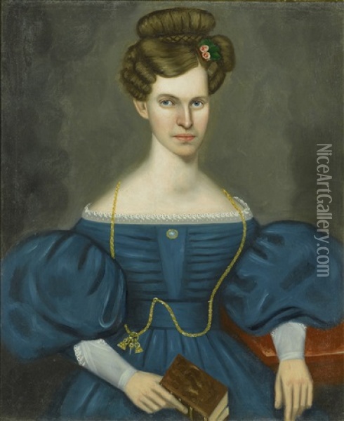 Portrait Of A Young Woman In A Blue Dress And Wearing A Gold Pocket Watch Chain Oil Painting - Erastus Salisbury Field