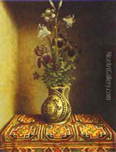 Still Life With A Jug With Flowers The Reverse Side Of The Portrait Of A Praying Man 1480-1485 Oil Painting - Hans Memling