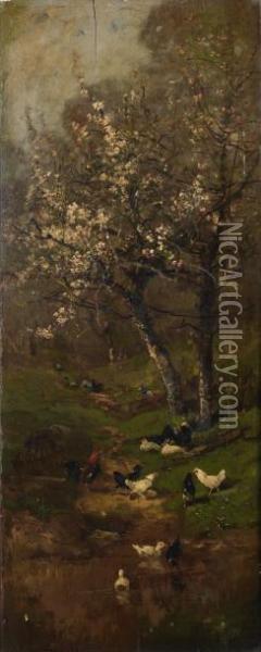 Basse Cour Sous Un Cerisier Enfleurs. Oil Painting - Alexandre Defaux