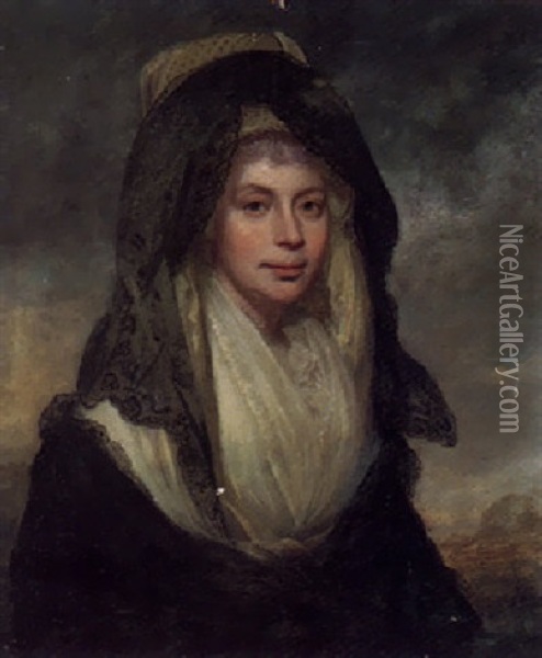 Portrait Of Queen Charlotte Wearing A White Dress With A Black Shawl And Headdress Oil Painting - Sir William Beechey