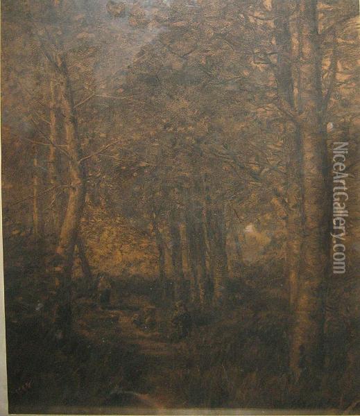 Houtsprokkelaars In Het Bos. Oil Painting - Adolphe Jean Hamesse