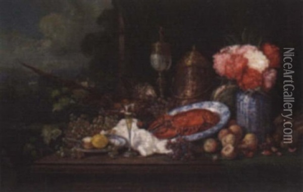Still Life With Pheasant, Lobster, Fruit And Flowers Oil Painting - Georg Sommer