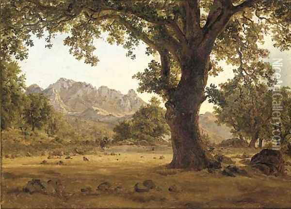 A massive oak tree in an extensive mountain landscape Oil Painting - German School