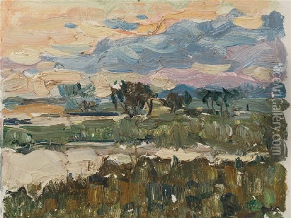 Landscape At Sunset Oil Painting - Aleksandr Davidovitch Drevin