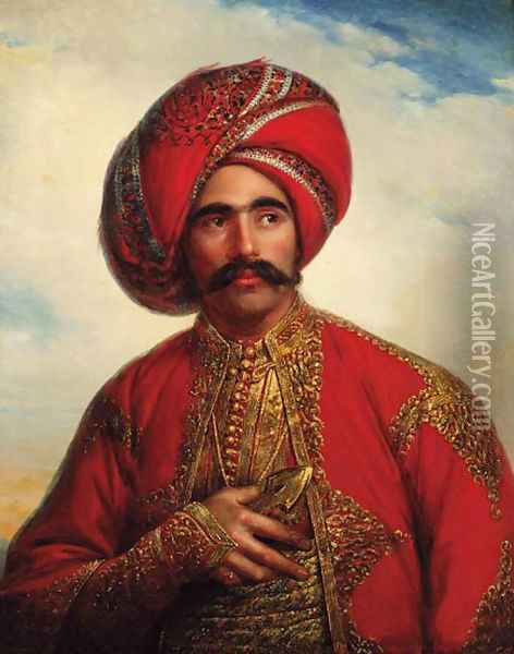 Portrait of a gentleman, half-length, in Anglo-Indian costume Oil Painting - William Henry Florio Hutchisson