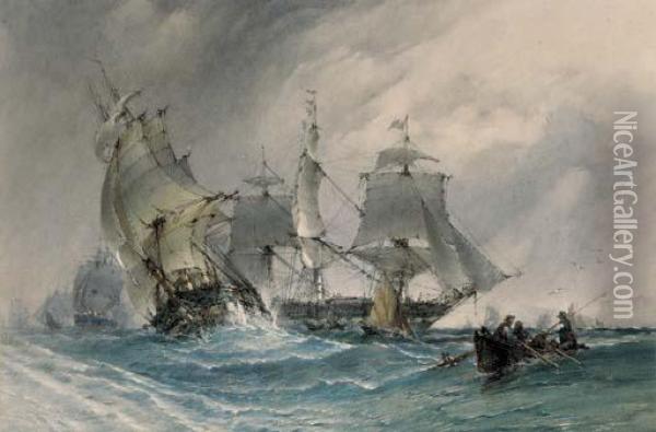 A Squadron Running Down The Channel With The Flagship Heaving-to Oil Painting - John Callow