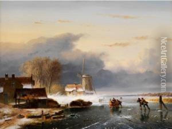 Vereiste Polderlandschaft Mit Windmuhle,gebauden Und Schlittschuhlaufern Auf Dem Eis Oil Painting - Nicholas Jan Roosenboom
