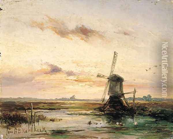 A windmill in a polder landscape at sunset Oil Painting - Johannes Hermanus Koekkoek