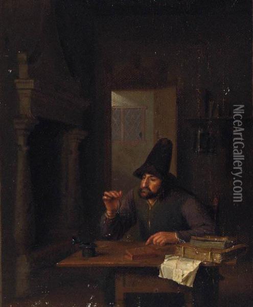 A Man Weighing Gold In An Interior Oil Painting - Pieter Harmensz Verelst