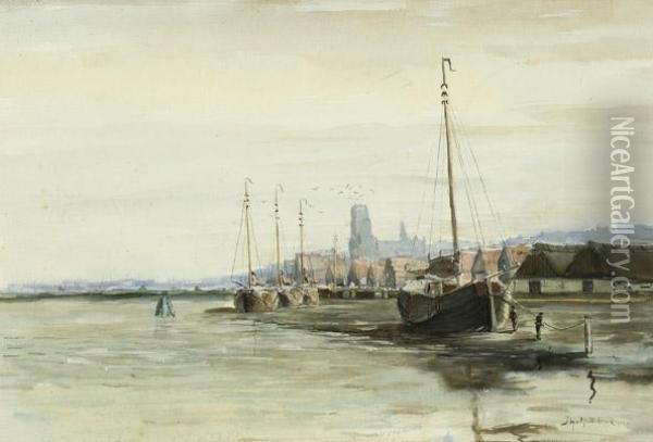 View Of The Harbour Ofdordrecht Oil Painting - Johann Hendrik Van Mastenbroek