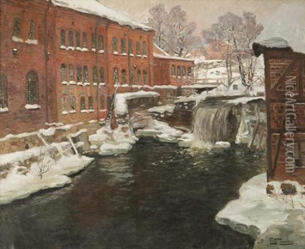 Factories Byakerselven, Snow Oil Painting - Fritz Thaulow