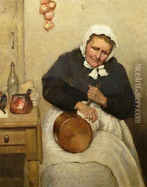 Polishing the Pan Oil Painting - Mary Evelina Kindon