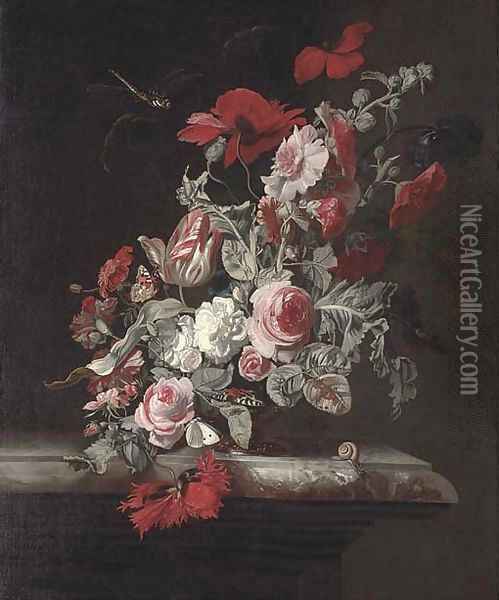 Roses, a parrot tulip, poppies, carnations and other flowers in an urn with a dragonfly Oil Painting - Simon Pietersz. Verelst