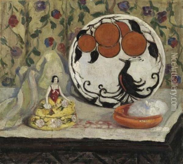 Still Life With Porcelain Figure, Plate And Bowl On A Table Oil Painting - Boris Dimitrevich Grigoriev