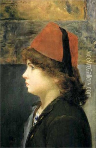 Enfant De Profil Coiffe D'un Fez Oil Painting - Alberto Valenzuela Llanos