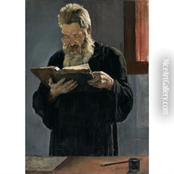Lesender Pfarrer (reading Priest) (+ Bildnis Einer Jungen Frau (portrait Of A Young Lady); Verso) Oil Painting - Ferdinand Hodler