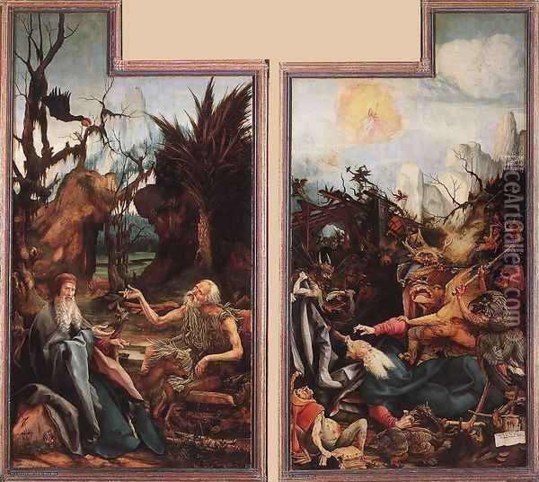 Visit of St Antony to St Paul and Temptation of St Antony c. 1515 Oil Painting - Matthias Grunewald (Mathis Gothardt)