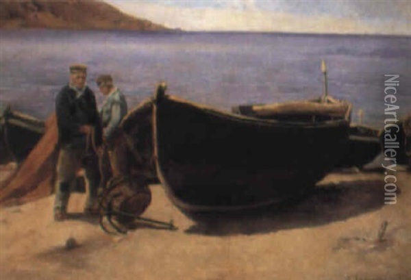 Pescadores Junto A Las Barcas Varadas Oil Painting - Dionisio Baixeras y Verdaguer