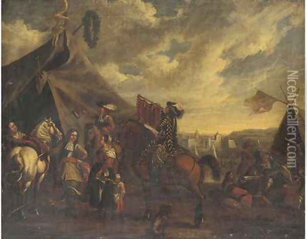 Cavalry officers with their chargers and a mounted trumpeter before a sutler's booth, an encampment beyond Oil Painting - Philips Wouwerman