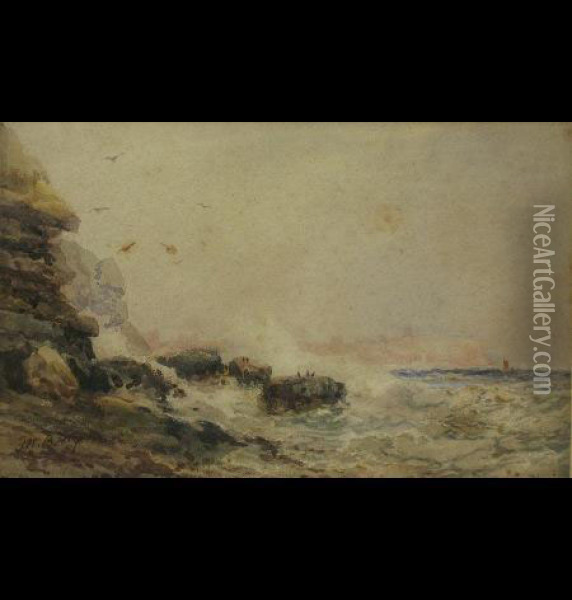 Scarborough, 
Rocky Coastal Scene With Rough Sea And Headland In The Distance Oil Painting - Frederick William Booty