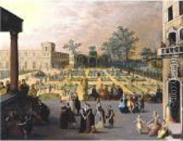 Elegant Couples In A Palace Courtyard Oil Painting - Louis de Caullery