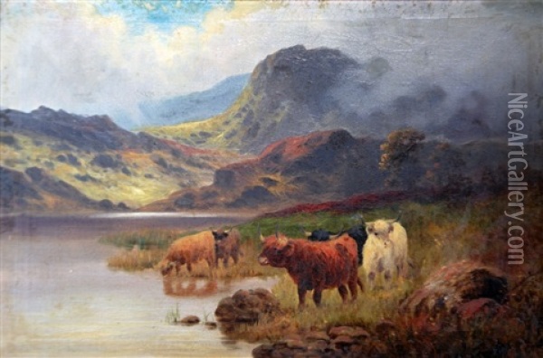 Long Horn Cattle At Water In A Misty Highland Landscape Oil Painting - Robert Watson