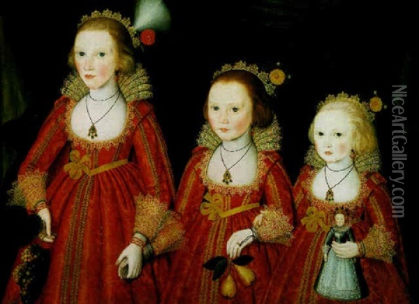 Portrait Of Three Young Girls Oil Painting - Robert Peake the Elder