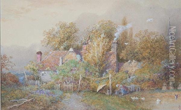 A Country Cottage With Peasant, Washing Lineand Pond To The Fore, Signed With A Monogram, Watercolour,inscribed In Pencil Verso By William Russell Flint Oil Painting - Samuel Standige Boden