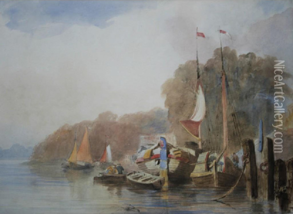 Boats Moored At A Waterfront Oil Painting - Samuel Austin
